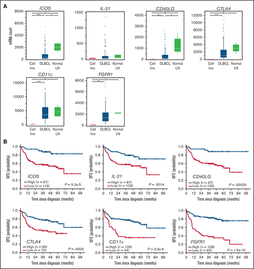 Clinical impact of extracted favorable prognostic genes in the training cohort. (A) Expression of 6 favorable prognostic genes in DLBCL cell lines (n = 6), primary DLBCL specimens (n = 170), and normal LNs (n = 5), as shown in a Box and Whisker plot (dots show outliers). Cell lines analyzed were RC-K8, SU-DHL-1, SU-DHL-4, SU-DHL-9, Karpas-422, and OCI-Ly-3. Lymphoma lines showed no or little candidate gene expression, suggesting genes are expressed in microenvironmental cells. Significance was determined using the Steel-Dwass test (*P < .05, **P < .005, and ***P < .0005). (B) Kaplan-Meier curves show the duration of DFS based on expression levels of favorable candidate genes. P values were calculated by log-rank test.