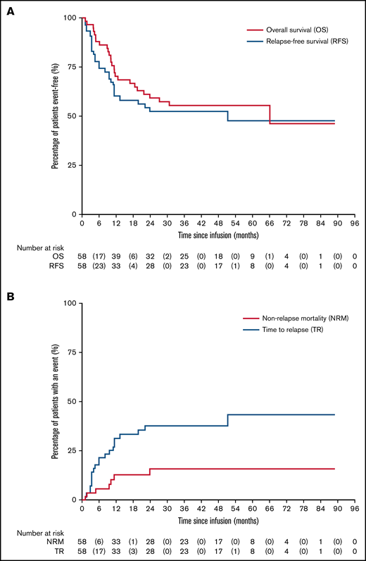Clinical outcomes following RIC CBT. (A) Overall and relapse-free survivals. (B) NRM and time to relapse.