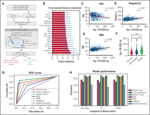 Machine learning-based modeling to predict “poor/less-than-optimal” vs “good” mobilizer. (A) Schema of machine leaning modeling pipeline to predict “poor/less-than-optimal” vs “good” mobilizer. (B) Tree-based feature selection for linear regression and decision tree modeling, ranked by feature importance. Correlation of age (C), platelet count (D), and BMI (E) with Day 1 PB CD34 count/μL; Day 1 PB CD34 count/μL in normal (BMI: 18.5-25), overweight (BMI: 25-30) and obese (BMI: >30) donors (F); ROC curve of seven machine learning prediction algorithms, including: Decision tree, Linear Regression, Random Forest, Support Vector Machine, Feedforward Neural Networks, AdaBoost and Gradient boosting (G). (H) Model performance evaluated by accuracy, F1 score, and AUC.