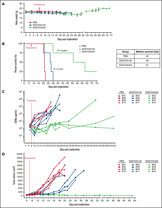 Antitumor activity of SGN-CD70A in CTCL PDX mice. The body weight (A) and the survival (B) of mice treated with PBS, or SGN-CD70A at 100 or 300 ug/kg in the dose-finding trial. The cfDNA concentration (C) and the tumor volume (D) in mice treated with PBS, or SGN-CD70A at 100 or 300 ug/kg (n = 4 per group). NSG mice were implanted with PRS-1 primary tumor cells subcutaneously at the right flank on day 0. On day 7, mice in each group were administered intraperitoneally a single dose of PBS, 100 or 300 μg/kg of SGN-CD70A (SGN70A100 and SGN70A300). The tumor volume and cfDNA were presented as mean ± SEM and statistically analyzed by an unpaired t test with a 2-tailed P value. P < .05 represents as a significant difference. The survival curves were generated by the Kaplan-Meier method and analyzed by the Mantel-Cox test.