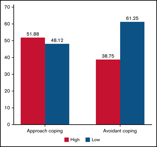 Distribution of patients based on approach and avoidant coping strategies. The graphic displays the proportion of patients with approach and avoidant coping strategies based on the median split for each coping strategy. Median scores for each coping strategy are as follows: approach, 19; avoidant, 5.