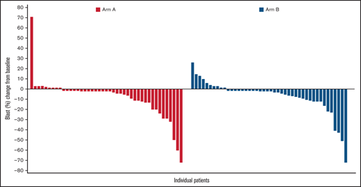 Maximal blast reduction from baseline for responders. The waterfall plot shows the percentage of blast reduction for all responders. Each responder’s blast percentage is illustrated as a bar along the x-axis. The y-axis shows the change from baseline in the percentage of blasts.