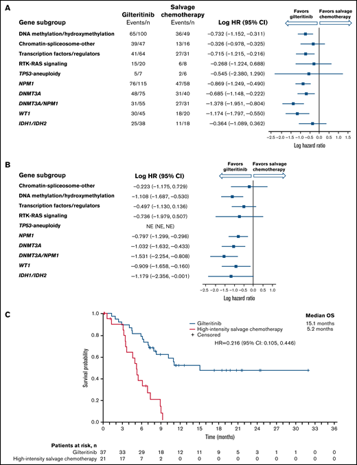 Overall survival by molecular risk and comutated gene categories. (A) Intention-to-treat population. (B) Patients eligible for high-intensity chemotherapy. (C) Dual comutated DNMT3A and NPM1: patients eligible for high-intensity chemotherapy regimens. NE, not estimable.