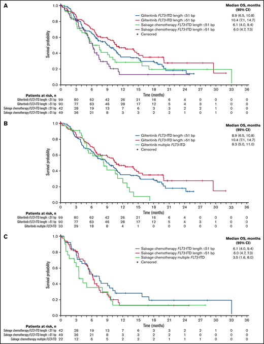 Overall survival by FLT3-ITD length at baseline. (A) Impact of FLT3-ITD length relative to median value: ≤51 bp vs >51 bp. (B) Relative impact of FLT3-ITD length and multiple FLT3-ITD mutations in the gilteritinib arm. (C) Relative impact of FLT3-ITD length and multiple FLT3-ITD mutations in the salvage chemotherapy arm.