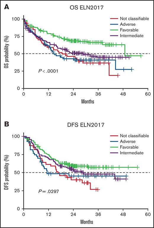 Patient outcome according to ELN2017 risk stratification and FLT3/NPM1 gene interactions. (A) Two-year OS was 68.8%, 51.3%, 42.8%, and 45.8% for patients belonging to the ELN2017-FR, ELN2017-IR, ELN2017-AR, and ELN2017-NC categories, respectively. (B) Two-year DFS was 59.9%, 54.2%, 45.5%, and 40.3% for the ELN2017-FR, ELN2017-IR, ELN2017-AR, and ELN2017-NC patients.