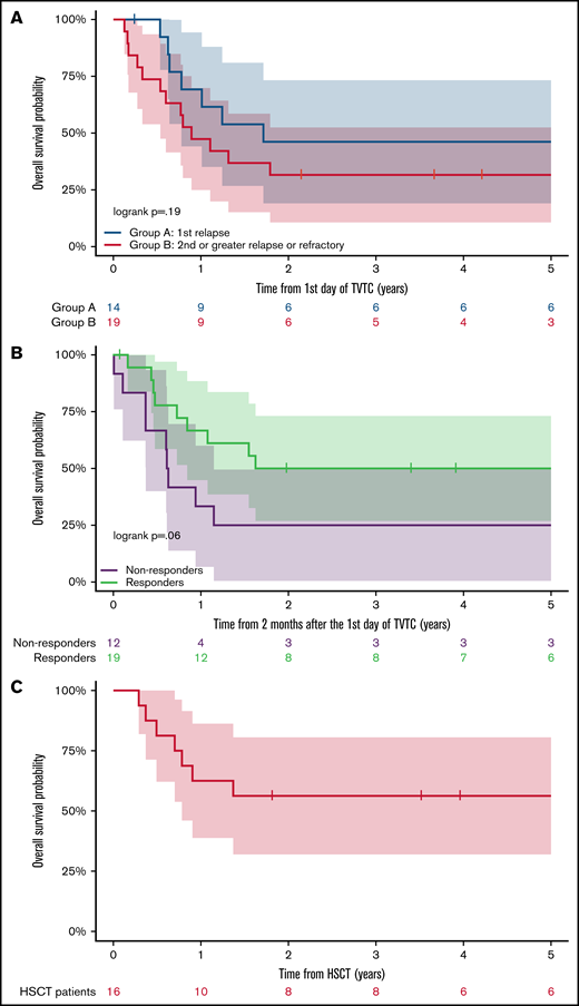 Outcomes of relapsed/refractory patients with AML treated with TVTC. (A) Five-year OS of patients in Group A vs Group B. (B) Five-year OS according to response to TVTC. (C) Five-year OS of responders who proceeded to allogeneic HSCT (n = 16).