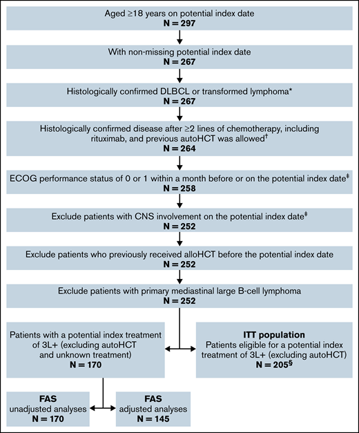 Sample selection for the CORAL follow-up FAS and ITT populations. *All patients in CORAL follow-up were assumed to have histologically confirmed DLBCL or transformed lymphoma based on the CORAL studies.9,21 †CORAL patients were randomly assigned to receive rituximab-based 2L treatment, although 3 patients did not ultimately receive rituximab in 2L and were excluded in this step. ‡A large proportion of patients in CORAL follow-up did not have an Eastern Cooperative Oncology Group (ECOG) or central nervous system (CNS) assessment; those with a missing/unknown ECOG status or CNS assessment were included in the analyses to preserve the sample size. §The ITT population had N = 205 in both the adjusted and unadjusted analyses.