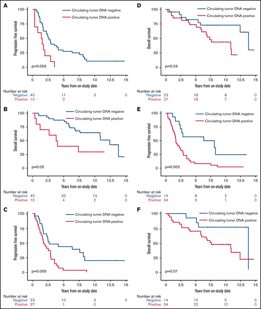 Kaplan-Meier estimates of PFS and OS based on ctDNA detection at landmark time points during induction therapy. (A) PFS in patients with no detectable ctDNA (blue) compared with patients with detectable ctDNA (red) at the end of induction therapy. (B) OS in patients with no detectable ctDNA (blue) compared with patients with detectable ctDNA (red) at the end of induction therapy. (C) PFS in patients with no detectable ctDNA (blue) compared with patients with detectable ctDNA (red) after 2 cycles of induction therapy. (D) OS in patients with no detectable ctDNA (blue) compared with patients with detectable ctDNA (red) after 2 cycles of induction therapy. (E) PFS in patients with no detectable ctDNA (blue) compared with patients with detectable ctDNA (red) after 1 cycle of induction therapy. (F) OS in patients with no detectable ctDNA (blue) compared with patients with detectable ctDNA (red) after 1 cycle of induction therapy.