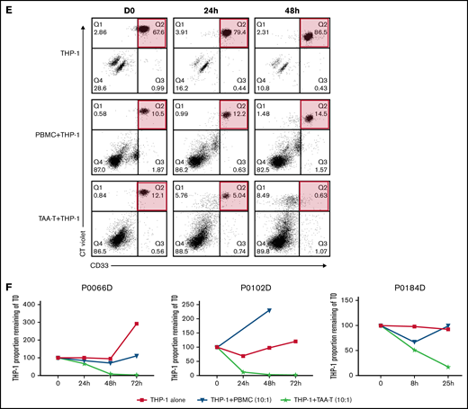 Antigen specificity as measured by anti-IFNγ ELISpot, TNFα and IFNγ intracellular cytokine staining, and cytolytic function of the TAA-T products. (A) Target antigen specificity of the TAA-T product (n = 25) as determined by IFNγ production, measured by ELISpot. Target antigens were WT1, PRAME, survivin, and TAA (WT1, PRAME, and survivin pepmixes combined). The bottom dotted line denotes the median for negative control (actin = 12 SFU), the top dotted line denotes the median for positive control (SEB = 732 SFU). Mean antigen responses were statistically significantly different from actin for WT1 (P = .0469), PRAME (P = .0001), and TAA (P < .0001) but not for survivin (P = .7028). (B) TNFα and IFNγ intracellular cytokine staining (ICS) demonstrates antigen specificity for WT1 and PRAME shown for products (P6, P9). Antigen specificity measured by TNFα and IFNγ ICS of CD8+ T cells (C) and CD4+ T cells (D) of the TAA-T-cell product in evaluable samples (n = 7). SEB is used as the positive control and actin as negative control. (E) In vitro cytolytic activity of the HLA A*02+ TAA-T product against an HLA A*02+ AML cell line (THP-1) as compared with a donor lymphocyte infusion (donor PBMCs) product. (F) Superior cytolytic activity against THP-1 Violet+ CD33+ cells of the TAA-T product as compared with donor lymphocyte infusion (PBMC) is reproducible in the majority of A*02+ donor TAA-T products evaluated (as shown for P2, P6, P12). SEB, staphylococcal enterotoxin B.