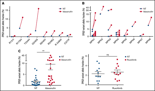 Increase of mutant TP53 VAFs in HSPC of TP53-mutated MPN patients upon MDM2 inhibitor treatment. (A) Comparison of various TP53-mutations’ VAFs in CD34+ cells of MPN1 patient after 10 days with or without 20 nM of idasanutlin. (B) Comparison of all TP53-mutations’ VAFs in CD34+ cells of 8 different MPN patients after 10 days in presence or absence of idasanutlin 20 nM. (C) Mean plus or minus SD of VAFs for all TP53 mutants found in 8 MPN patients after 10 days in presence or absence of idasanutlin 20 nM or ruxolitinib 70 nM in 4 other MPN patients. A paired Student t test was used, **P < .01. ns, nonsignificant; SD, standard deviation.