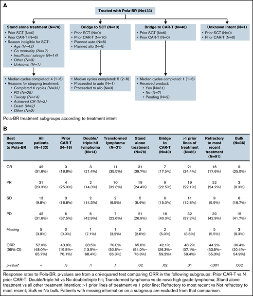 Treatment subgroups according to treatment intent, treatment response rates, PFS and OS. (A) Pola-BR treatment subgroups according to treatment intent. (B) Response rates to Pola-BR. (C) PFS and OS. (i) PFS and (ii) OS for all patients. (iii) PFS for patients in the stand-alone Pola-BR cohort (no planned SCT or CAR T-cell therapy) according to treatment response. CI, confidence interval; HR, hazard ratio; PR, partial response. (iv) OS for patients in the stand-alone Pola-BR cohort (no planned SCT or CAR T-cell therapy) according to treatment response.