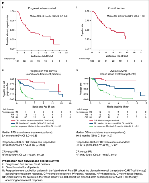 Treatment subgroups according to treatment intent, treatment response rates, PFS and OS. (A) Pola-BR treatment subgroups according to treatment intent. (B) Response rates to Pola-BR. (C) PFS and OS. (i) PFS and (ii) OS for all patients. (iii) PFS for patients in the stand-alone Pola-BR cohort (no planned SCT or CAR T-cell therapy) according to treatment response. CI, confidence interval; HR, hazard ratio; PR, partial response. (iv) OS for patients in the stand-alone Pola-BR cohort (no planned SCT or CAR T-cell therapy) according to treatment response.