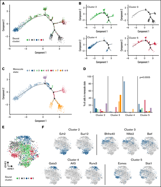 CD4+ GM-CSF+ IFN-γ− T cells have a distinct developmental trajectory and use cluster-specific regulons. Single cells from the scRNAseq data set presented in Figure 2 were analyzed by using Monocle2 and SCENIC statistical packages. (A-B) Monocle single-cell trajectory of CD4+ T cells labeled according to cluster in aggregate (A) and depicted as individual clusters (B). (C) Single-cell trajectory of CD4+ T cells as labeled by Monocle state. (D) The percentage of cells from each cluster of cells falling into a particular Monocle state. The P value from Fisher’s exact test comparing the distribution of Monocle states among clusters is shown. (E) t-distributed stochastic neighbor embedding (tSNE) plot of CD4+ T cells mapped based on SCENIC binary regulon activity and labeled according to Seurat cluster. (F) tSNE plots of selected regulons used in CD4+ T cells from clusters 2 to 5.