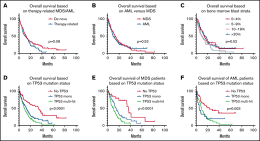 Overall survival (OS) of patients based on therapy related status, AML vs. MDS, bone marrow blast percentage strata, and TP53 status in all patients and in the MDS and AML subsets. (A) OS of all patients based on therapy-related (median, 10.2 months) vs de novo status (median, 12.2 months), P = .08. (B) OS of all patients based on MDS (median OS, 13.0 months) vs AML (median, 9.4 months, P = .52). (C) OS of all patients based on BM blasts 0% to 4% (median, 14 months) vs 5% to 9% blasts (median, 15.5 months) vs 10% to 19% blasts (median, 10.5 months) vs >20% blasts (median, 9.5 months) (P = .52). (D) OS of all patients based on TP53 mutation status; no mutation (median, 33.9 months) vs TP53 monoallelic (median, 12.5 months) vs TP53 multihit (median, 9.4 months), P < .0001. For TP53 monoallelic vs multihit, P = .05. (E) OS of MDS patients based on TP53 mutation status; no mutation (median, 36.5 months) vs TP53 monoallelic (median, 15.4 months) vs TP53 multihit (median, 10.2 months), P < .0001. For TP53 monoallelic vs multihit, P = .02. (F) OS of AML patients based on TP53 mutation status; no mutation (median, 23.2 months) vs TP53 monoallelic (median, 5.2 months) vs TP53 multihit (median, 9.0 months), P = .003. For TP53 monoallelic vs multihit, P = .68.