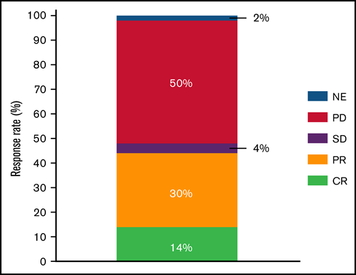 Response to PV after CAR T-cell therapy in LBCL. NE, not evaluable; PD, progressive disease; PR, partial response; SD, stable disease.
