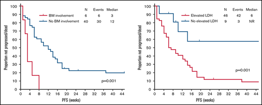 Factors associated with PFS. LDH, lactate dehydrogenase; NR, not reached.
