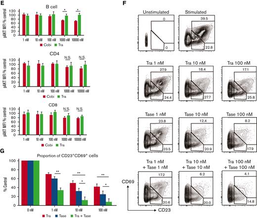 Cobimetinib, but not trametinib, inhibits both PI3K/AKT and MEK/ERK signaling. (A-B) PBMCs were stimulated with PMA and ionomycin, and phosphorylation of ERK1/2 within CD4+ and CD8+ T cells was evaluated by flow cytometry: representative data (A) and aggregate data (B). The line graph plots the mean value; error range, standard error of the mean (SEM). (C) PBMCs were stimulated with PMA and ionomycin, and total ERK1/2 and pERK1/2 were evaluated by western blotting. (D-E) B or T cells were stimulated with insulin, and phosphorylation of AKT was evaluated by flow cytometry: representative data (D) and aggregate data (E). Bars, MFI values with SEM. (F-G) PBMCs were exposed to trametinib, taselisib, or both drugs, and frequencies of CD20+CD23+CD69+ cells after stimulation with anti-CD40 antibody and IL-4 were evaluated: representative data (F) and aggregate data (G). Bars, mean values; error range, SEM. All experiments were performed 4 times, independently. A two-tailed unpaired t test was used for comparisons between 2 groups of continuous variables. ∗P < .05, ∗∗P < .01. Cobi, cobimetinib; N.S., not significant; pAKT, phosphorylated AKT; pERK, phosphorylated ERK; Tase, taselisib; Tra, trametinib.