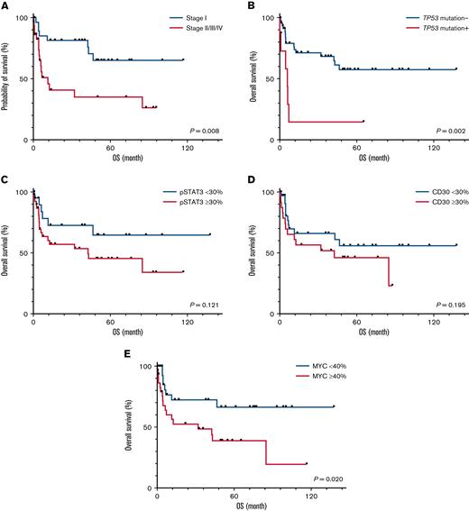 OS of patients with ENKTL. Kaplan-Meier plots of OS as a function of (A) stage, (B) TP53 mutation, (C) pSTAT3, (D) CD30, and (E) MYC expression.
