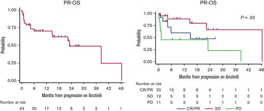 Postrelapse OS. (A) Postrelapse OS (PR-OS) among all evaluable patients. (B) Postrelapse OS based on their ibrutinib response before progression.