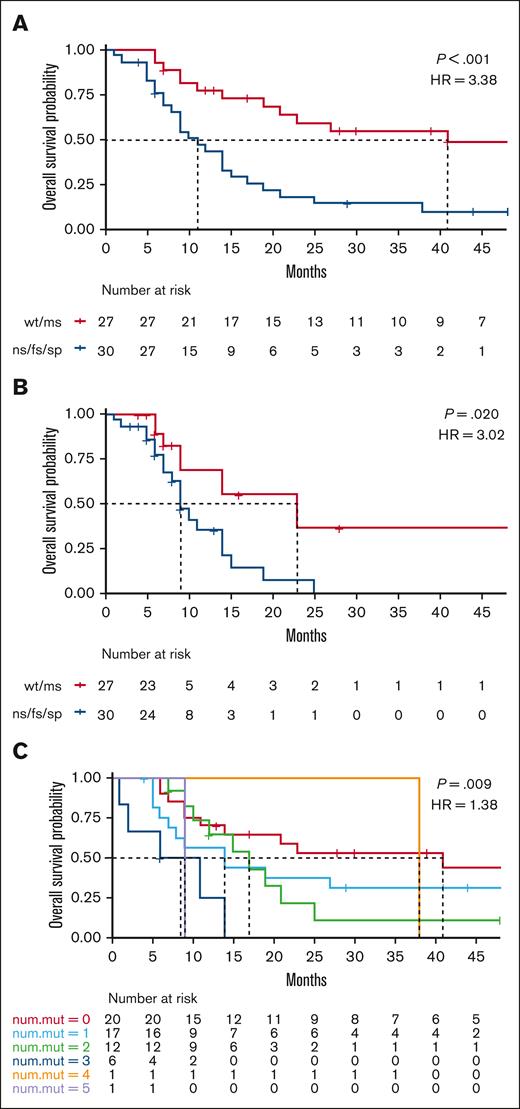 TET2 truncating mutation is associated with poor overall survival. Kaplan-Meier curves depicting 57 patients, including 5 patients with BPDCN and other myeloid neoplasms in the same bone marrow. (A) Overall survival of the cohort with censoring based on the final follow-up or death based on the type of TET2 mutation (B) Overall survival of the cohort with censoring based on time to stem cell transplant or based on the type of TET2 mutation (C) Overall survival of the cohort with censoring based on the final follow-up or death based on the number of TET2 mutations per patient, regardless of the mutation type. wt, wild-type; ms, missense; ns, nonsense; fs, frameshift; splice, splice site. Cox proportional HRs and P values are shown for each curve.