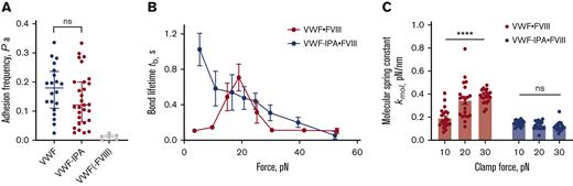 Blocking disulfide formation in VWF prevents stiffening of the VWF-FVIII bond in response to force. VWF or VWF-IPA on the bead was the focus for interaction with human recombinant full-length FVIII on the target. The FVIII was immobilized using NB11B2 antibody that binds to the A2 domain of FVIII on the opposite face that binds VWF. (A) Adhesion frequencies of binding of VWF or VWF-IPA to FVIII. The negative control is performed in the absence of FVIII. The data points are from 20 or 29 touch cycles for VWF or VWF-IPA, respectively. Each probe–target pair was tested repeatedly for 200 approach-contact-retract cycles to estimate an adhesion frequency. Errors are mean ± SEM. (B) Lifetime of VWF-FVIII or VWF-IPA·FVIII bonds as a function of clamp force in BFP. Results represent mean ± SEM of >50 measurements per point. (C) The molecular spring constant (kmol) of the VWF-FVIII and VWF-IPA·FVIII bonds during the retraction phase of the BFP cycle at 10, 20, and 30 pN clamp force levels. Data at each force level were obtained from >20 points. Errors are mean ± SEM. ∗∗∗∗P < .0001, assessed by an unpaired, two-tailed Student t test.