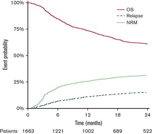 Overall outcomes for low-TCI recipients. OS, NRM, and relapse incidence are shown. At-risk numbers are shown for the OS outcome.