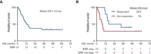 Kaplan-Meier estimates of OS (N = 24). (A) OS for the overall cohort, N = 24. The median OS was 13 months. (B) OS of responders (n = 10) vs nonresponders (n = 14). The median OS was 25 months for responders vs 7.6 months for nonresponders. NAR, Number at risk; non-resp, nonresponders; resp, responders.