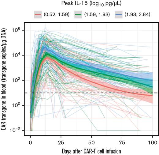 Higher peak of IL-15 is associated with a higher CD19 CAR T cell AUC0-90 in humans. The CAR transgene (FlapEF1⍺ copies per μg of DNA) is shown as a polynomial regression line using the locally estimated scatterplot smoothing method (bold lines) for 3 distinct tertiles of serum IL-15 peak concentration. The shaded areas represent the 95% confidence interval of the locally estimated scatterplot smoothing estimates. The dashed line indicates the limit of quantitation of the CAR transgene quantitative polymerase chain reaction assay.