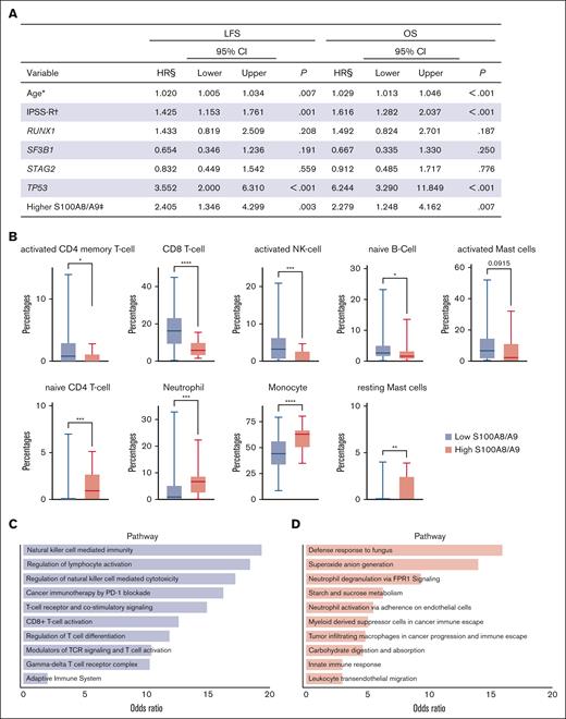 Multivariable analysis for LFS and OS and transcriptomic implication of high vs low bone marrow plasma S100A8/A9. (A) Multivariable analysis for LFS and OS. Statistically significant if P ≤ .007 (adjusted by Bonferroni correction). ∗As continuous variable analysis. †IPSS-R risk groups: very low, low, intermediate, high, very high. ‡High vs low S100A8/A9. §adjusted with different treatments: supportive care only, HSCT with or without any other treatment, hypomethylating agent with or without other chemotherapies but HSCT, and all other treatments. Note: only variables with P value ≤.05 in univariate analysis were incorporated into the multivariable Cox proportional hazard regression analysis. (B) CIBERSORTx analysis revealing significant differences in the fractions of specific cell types between higher- and lower-S100A8/A9 BM. There were higher proportions of activated CD4 T-cells, CD8 T-cells, NK cells, and naïve B-cells in the lower-S100A8/A9 BM, whereas the fractions of naïve CD4 T-cell, resting mast cells, monocytes, and neutrophils were higher in the higher-S100A8/A9 BM. (C,D) Bar charts showed 10 robustly enriched functional pathways in lower-S100A8/A9 (panel C) and higher-S100A8/A9 (panel D) BMs, respectively. CI, confidence interval; HR, hazard ratios; HSCT, hematopoietic stem cell transplant.