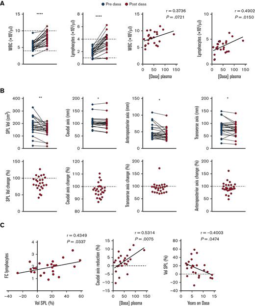 Dasatinib induces rapid reduction in spleen size in patients with CML. (A) A blood sample was withdrawn before and 1 hour after dasatinib intake and white blood cell (WBC) and lymphocyte numbers were quantified and correlated to dasatinib plasma concentration. (B) Quantification of the spleen volume (Vol), caudal (length), anteroposterior (width), and transverse (thickness) axes (upper row) before and after dasatinib intake. The lower row shows the percentage of change for each parameter. (C) Correlations between the FC of lymphocytes before and after dasatinib intake and the change of spleen volume shown as percentage of reduction, the change of CA shown as percentage of reduction and dasatinib plasma concentration, and between the change of spleen volume and years on dasatinib therapy. n = 26 determinations from 14 patients at different time points; analyzed by paired t test, Wilcoxon paired t test, and/or Pearson correlation coefficient, as appropriate. ∗P < .05; ∗∗P < .01; ∗P < .05; ∗∗∗P < .001; ∗∗∗∗P < .0001.