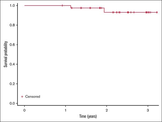 PFS. Kaplan-Meier curve of PFS from treatment initiation (N = 38). Two subjects progressed (1.1 and 1.9 years), with no deaths observed.