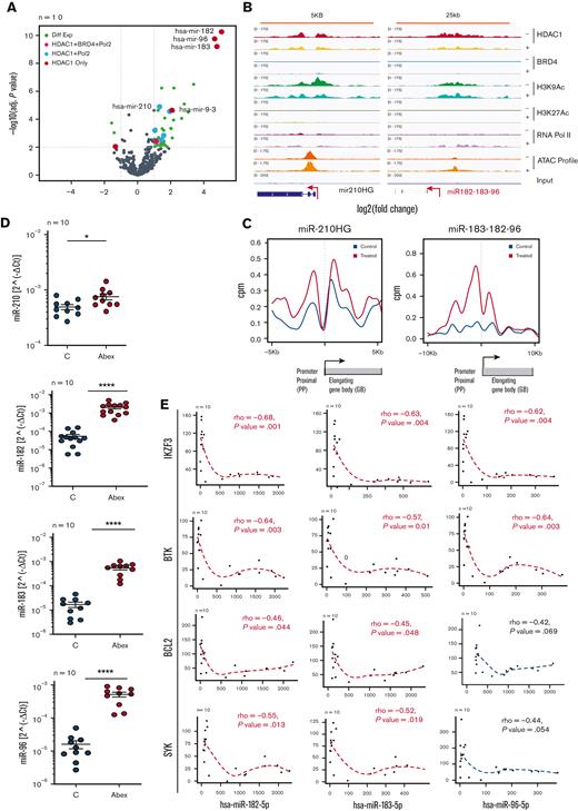 HDAC inhibition increases Pol2 engagement and reverses silencing of a select set of microRNA genes from cluster II and III which are anticorrelated with the expression of key driver genes in CLL. (A) Volcano plots showing the differential expression of small RNA genes assayed by small RNA seq in 10 CLL samples before and after exposure to 0.4 μM, abexinostat for 24 hours. Of a total of 10 microRNA genes that were significantly upregulated (adjust P < .05 and log2 ratio > 1), 1 (miR-1248 in pink) belonged to cluster I, 5 (miR-210, miR-95, miR92b, miR-320d, miR-1296 in blue) to cluster II, and 4 (miR182-183-96 cluster, miR9-3 in red) to cluster III. One gene (miR-1303) from cluster III was downregulated (adjust P < .05 and log2 ratio < −1). (B) Genome browser tracks showing the change in HDAC1 (red), BRD4 (turquoise), H3K9Ac (green), H3K27Ac (olive), RNA Pol II (violet), and ATAC seq peaks (brown) in a representative CLL sample out of 3 at baseline and after exposure to 0.4 μM, abexinostat for 6 hours, HDAC1 (yellow), BRD4 (mint), H3K9Ac (light blue), H3K27Ac (light green), RNA Pol II (mauve), and ATAC seq peaks (orange) at miR-210 and miR-182 to 183 to 96 shown as a representative genes from cluster II that bound HDAC1 with H3K9Ac, open ATAC signatures, and RNA Pol2 and cluster III that bound HDAC1 alone. The x-axis of each track shows genomic position, and the y-axis shows the intensity of the ChIP signal (rpm/bp). (C) Effect of HDAC inhibition on RNA Pol II occupancy at promoters. Gene plots showing changes in log2 read counts per million (log2 CPM) for RNA Pol II occupancy from −5 to -1KBkb of the PP centered around the TSS to +3 to +6 KB of the GB at the miR-210 and miR-182 to 183 to 96 cluster before (blue) and after exposure to 0.4 μM abexinostat for 24 hours (red). (D) Expression levels of miR-210 from cluster II and miR-182 to 183 and 96 from cluster III in 10 CLL samples exposed to abexinostat for 24 hours. (E) The Pearson correlation between the top microRNA induced (miR-182, miR-183, and miR-96) in both primary CLL samples and CLL bearing Eμ-TCL1 mice were evaluated for negative correlation against their predicted target driver genes relevant to CLL (IKZF3, BTK, BCL2, and SYK). We show the Pearson scatter plots showing a negative correlation between miR-182, miR-183, and miR-96 and IKZF3 (P = .001 for miR-182, 0.004 for miR-183 and 0.004 for miR-96), BTK (P = .003 for miR-182, 0.01 for miR-183 and 0.003 for miR-96), BCL2 (P = .044 for miR-182, 0.048 for miR-183 and 0.06 for miR-96), and SYK (P = .013 for miR-182, 0.019 for miR-183 and 0.054 for miR-96). Rho values and slopes are shown. GB, gene body; PP, proximal promoter.