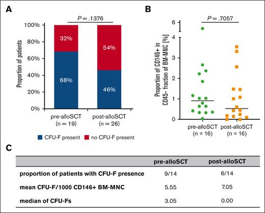 Post-alloSCT CD146+MSC harbor reduced CFU-F capacity. (A) Presence of CFU-F in BM aspirates at pre-alloSCT (n = 19) and post-alloSCT (n = 26). (B) Proportion of CD146+MNC cells in the CD45-/HLA-DR- BM-MNC–fraction in BM aspirates of 16 patients pre- and post-alloSCT. (C) Summary of 14 patients with CD146+CFU-Fs presence, mean of CFU-Fs per 1000 sorted CD146+BM-MNC and median of CFU-Fs.