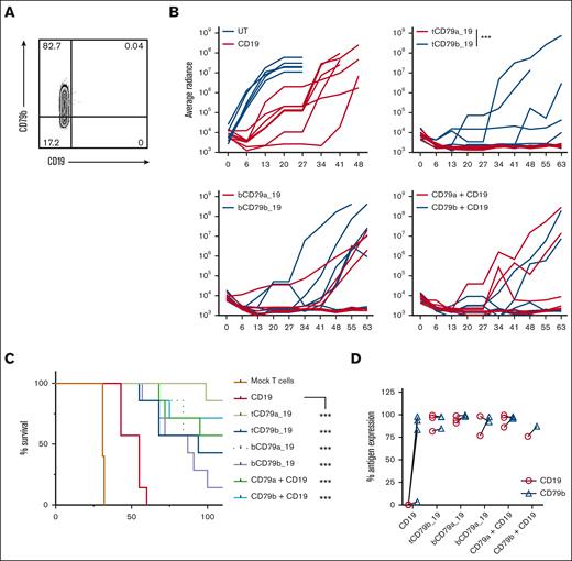 Bispecific CAR T cells prevent antigen loss in a CD19 escape xenograft model. (A) Representative flow plot of BM tumor cells from mice treated CD19 CAR T cells in the CD19 escape model. (B) Bioluminescent imaging of mice engrafted with 99% JeKo-1wt + 1% JeKo-1CD19KO cells and then treated with 0.6 × 106 of the indicated CAR T cells or mock-transduced T cells (CD4:CD8 at 1:1 ratio). ∗∗∗P ≤ .001 with a q ≤ 0.01 on day 41 was calculated using multiple Mann-Whitney t test. (C) Survival of mice in each treatment group shown in panel B. (D) Quantification of CD79b or CD19 expression measured by flow cytometry on BM tumor cells from mice in each treatment group. For panel B, ∗∗∗P ≤ .001 was calculated with log-rank (Mantel-Cox) test. Data shown were pooled from 2 independent experiments with a total of 5 (mock) or 7 mice per group.