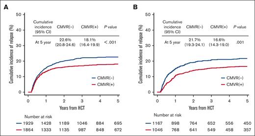 Cumulative incidence of relapse stratified according to CMV reactivation. The unadjusted cumulative incidence of relapse in patients with AML (A) and ALL (B). The landmark point was set at day 65.