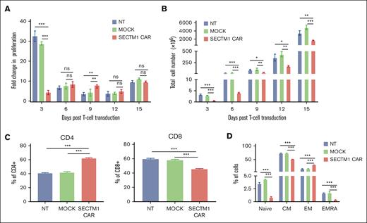 Expansion of SECTM1 CAR T cells. (A) Fold change in the proliferation of NT, MOCK, and SECTM1 CAR T cells were measured by cell counting every 3 days after transduction. (B) Total number of T cells were calculated by cell counting every 3 days after transduction. (C) Data and statistical analysis results of representative CD4/CD8 expression of T cells, measured by flow cytometry on day 3 after transduction. (D) Data and statistical analysis results of naive-like (naive: CCR7+CD45RO−), central memory (CM: CCR7+CD45RO+), effector memory (EM: CCR7−CD45RO+), and effector ( CCR7−CD45RO–) T cells were measured via CD45RO and CCR7 staining by flow cytometry on day 3 after transduction. Data in panels A, B, C, and D are presented as the mean ± SD of triplicates.