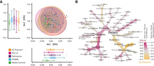 Fecal bacterial composition of the different treatment groups and HCs. (A) PCoA based on Bray-Curtis dissimilarities. Boxplots display the distribution of samples for each group on the first 2 principal coordinates. All treatment groups differed significantly from the HCs but not from each other; NT vs HCs (ANOSIM, P = .001, R = 0.31), HU vs HCs (ANOSIM, P = .001, R = 0.17), IFN-α2 vs HCs (ANOSIM, P = .002, R = 0.2), and COMBI vs HCs (ANOSIM, P = .001, R = 0.17). (B) The taxonomy of the bacterial community in the IFN-α2 group and the NT group are illustrated in a heat tree, where taxonomic levels are represented by junctions and the connection by branches. Pink nodes and branches indicate the taxa with a higher relative abundance in the IFN-α2 treatment group, and yellow nodes and branches indicate the taxa with a higher relative abundance in the NT group. Only taxa with at least 0.1% difference in relative abundance between groups are displayed.