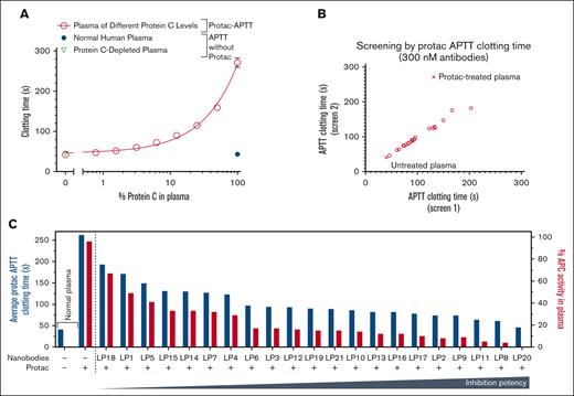 Effect of nanobodies on APC anticoagulant activity. (A) Standard curve of Protac-APTT clotting time in PC-depleted plasma diluted in healthy human plasma (o) to achieve a range of PC levels from 0.78% to 100%. The APTT clotting time of healthy human plasma (•) and PC-depleted plasma (∇) in the absence of Protac are also shown. (B) Twenty-one nanobodies were screened at 300 nM in 2 independent experiments (screens 1 and 2). A consistent rank order was observed in the shortening of the Protac-APTT clotting by the 21 nanobodies in both screens. (C) Nanobodies showed a wide variety of effects on the shortening of the Protac-APTT clotting time (duplicates in 2 independent experiments). Among these nanobodies, LP11, LP8, and LP20 exhibited the highest potency to inhibit anticoagulant activity.