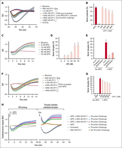 Effect of LP11 on APC-mediated endothelial barrier function. (A) APC (40 nM) barrier protective effect in the presence of LP11 against barrier permeability induced by thrombin (0.25 nM). Shown is the cell index normalized (NCI) to the time of thrombin addition (n = 4). (B) Quantification of APC barrier protective effects the presence of LP11 shown in panel A was based on the lowest NCI value of each time course, with the APC effect in the absence of LP11 set to 100% and the thrombin alone group as 0%. (C) Transient endothelial barrier disruption shortly after the APC priming of the EA.hy926 cells (n = 4). (D) Quantification of the transient barrier disruption upon APC priming in panel C. (E) Inhibition of the transient barrier disruption by APC priming (40 nM) using PAR1 antagonists, vorapaxar (1 μM) or SCH79797 (1 μM; n = 3). (F) Inhibition of the transient endothelial cell barrier disruption upon APC priming (40 nM) in the presence of LP11 (n = 4). (G) Quantification of the transient barrier disruption upon APC priming in panel F. (H) Overall profile of the changes in the NCI to the time of APC addition to the cells (APC priming).