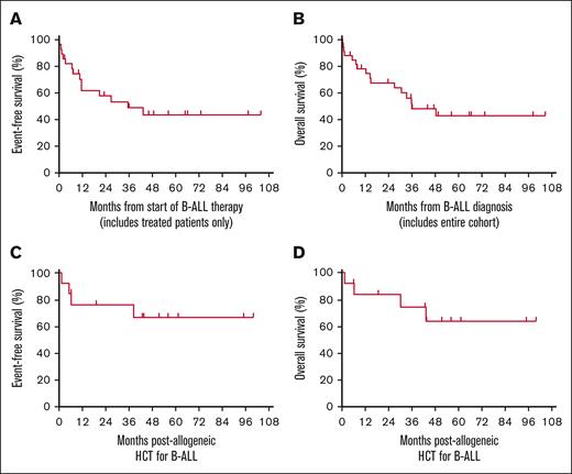 Survival outcomes in patients with lenalidomide-associated ALL. (A) EFS among patients in cohort actively treated for B-ALL. (B) OS in the entire cohort. EFS (C) and OS (D) from time of transplant in subgroup of patients undergoing allogenic HCT.