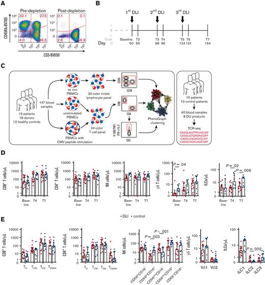 Immune reconstitution after haplo-HSCT with CD45RA-depleted DLI. (A) CD45RA expression by lymphocytes in the DLI product before and after depletion of CD45RA+ cells. A representative DLI product is shown. (B) Schematic overview of DLI administration and blood sample collection. Median days post-transplant are indicated. (C) Experimental approach. Blood samples from patients who received DLI, their donors, and unrelated healthy controls were stained with a flow cytometry panel allowing the detection of innate lymphocytes. The remaining cells of each sample were cultured overnight in presence or absence of a CMV-peptide library, and stained with a T-cell–focused flow cytometry panel. Unstimulated samples were used for bulk T-cell analysis, whereas CMV-specific cells were identified through Boolean gating for activation markers in response to CMV-peptide stimulation. NK cells, bulk, and CMV-specific T-cell phenotypes were analyzed in more detail with unsupervised clustering. In addition, TCR sequencing of blood and DLI samples from patients who received DLI and control patients was performed to assess the impact of the DLI at the clonal level. (D) Median lymphocyte counts with interquartile range in patients who underwent haplo-HSCT and received or did not receive CD45RA-depleted DLI (n = 7-17/group). Statistical significance was determined with Mann-Whitney test. (E) Median lymphocyte counts with interquartile range at T7 in patients who underwent haplo-HSCT and received or did not receive CD45RA-depleted DLI (n = 10-14/group). Statistical significance was determined with Mann-Whitney test. ILC1, group 1 innate lymphoid cell; ILC2, group 2 innate lymphoid cell; ILC3, group 3 innate lymphoid cell; TCM, central memory T cell; TEM, effector memory T cell; TEMRA, effector memory T cell re-expressing CD45RA; TN, naïve T cell.
