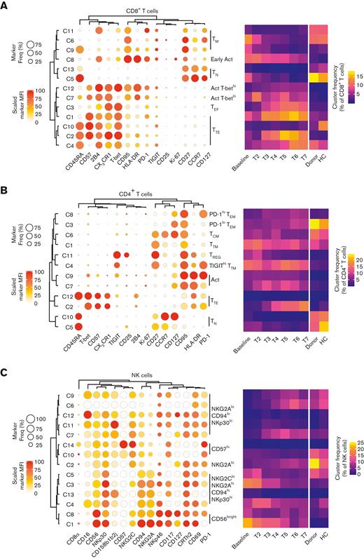 T- and NK-cell dynamic changes after haplo-HSCT with CD45RA-depleted DLI. (A-C) Total CD8+ T cells (A), CD4+ T cells (B) and NK cells (C) were clustered by PhenoGraph. Cluster identities are revealed by balloon plots, whereas the heatmaps show median cluster dynamics in patients who received DLI (n = 19) at different time points, their donors (n = 18), and unrelated CMV+ healthy controls (n = 12). Samples containing <50 total CD8+ T cells, CD4+ T cells, or NK cells were excluded from temporal analysis. Act, activated; HC, healthy control; TCM, central memory T cell; TEF, effector T cell; TEM, effector memory T cell; TEMRA, effector memory T cell re-expressing CD45RA; TM, memory T cell; TN, naïve T cell; TREG, regulatory T cell; TTE, terminal effector T cell; TTM, transitional memory T cell.