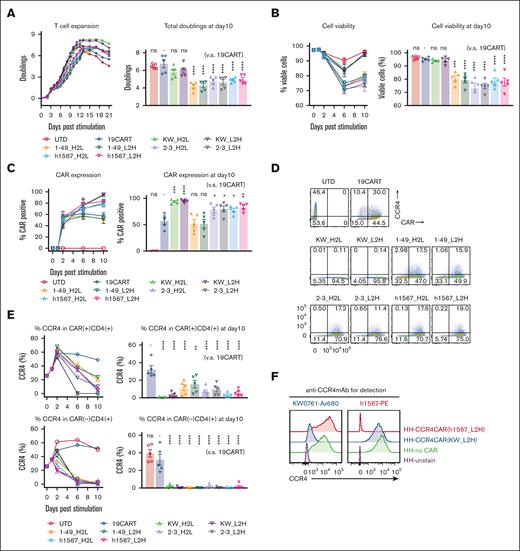 CCR4-CAR T cells can expand while depleting CCR4-expressing T cells. (A) Expansion of T cells transduced with CCR4-CAR for 21 days (left panel) and total doublings at day 10 (right panel). The left panel shows representative T-cell expansion curves. T cells were counted and diluted to 0.7 × 106 cells/mL by adding fresh media every other day. T cells were harvested when the T-cell size decreased to 350 μm3 for subsequent experiments when a part of the cells was spared to continue counting. The right panel shows the pooled data of total T-cell expansion on day 10 after anti-CD3/28 stimulation. Dots and bars represent individual data from each donor and the standard error of the mean (SEM) (5 experiments from 5 donors). (B) Time course analysis of T-cell viability. Cell viability was analyzed by amine-reactive dye staining (LIVE-DEAD staining) and FCM. Dots and bars represent individual data from each donor and SEM image (right panel). Dots and bars represent individual data from each donor and SEM image (left panel) (5 experiments from 5 donors). Statistical analysis was performed to the data obtained on day 10. (C) Time course analysis of CAR expression in T cells showing CAR-positive cell expansion in some types of CAR T cells. Dots and bars represent individual data from each donor and SEM (right panel). Dots and bars represent individual data from each donor and SEM (left panel) (5 experiments from 5 donors). Statistical analysis was performed to the data obtained on day 10. (D) Representative flow plots showing the expression of CAR and CCR4 on T cells on day 6 after stimulation. The numbers denote the percentage of cells in each quadrant. (E) Representative kinetics of CCR4 expression (left panels) and pooled data of CCR4 expression on day 10 (right panel). Dots and bars represent individual data from each donor and SEM (5 experiments with 5 donors). (F) Epitope-specific blocking of CCR4 by CCR4-CAR in HH cells. CCR4 expression detected either with anti-CCR4mAb clone h1567 (left panel) or anti-CCR4 mAb clone KW-0761 (right panel) in HH cells transduced with the indicated CCR4 CAR is shown. ∗P < .05; ∗∗P < .01; ∗∗∗P < .001; ∗∗∗∗P < .0001; ns, not significant (vs CD19CART group) using 1-way analysis of variance (ANOVA) with Tukey’s post hoc test.