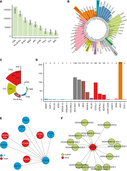 Molecular regulatory network in leukemia. (A-B) The number of TF-target pairs with high correlation (R > 0.05; P value < .01) in (A) leukemia subtypes and (B) cell lines. (C-D) The number of mRNA-circRNA pairs with high correlation (R > 0.05; P value < .01) in (C) patients with leukemia and (D) leukemia cell lines. (E) TF-target regulatory modules of HOXA9 in AML from LeukemiaDB data. (F) mRNA-lncRNA regulatory modules of NOTCH1 in T-ALL from LeukemiaDB data.