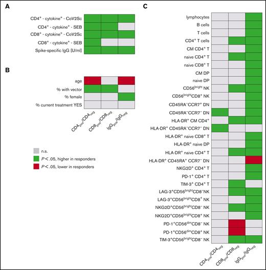 Parameters associated with vaccination responses. Univariate analyses of (A) vaccination response parameters, (B) clinicodemographic features, and (C) immune signatures in study participants based on CD4+ T-cell, CD8+ T-cell, and IgG responses. (left) Groups of study participants with detectable spike-specific CD4+ response (n = 144) compared with those without detectable CD4+ response (n = 77). Analogously, (middle) comparison of participants with spike-specific CD8+ response (n = 76) with CD8+ nonresponders (n = 145); (right) participants with specific IgG levels above median (n = 109) vs participants with lower spike-specific IgG (n = 110). Each line represents a vaccination response parameter, clinicodemographic feature, or specific population from in-depth immunophenotyping (expressed as cells per μL). Green cells denote higher age, higher IgG titers, higher percentages of women, and of recipients of heterologous vaccination schemes, as well as higher cell numbers per μL blood for all other features in CD4+, CD8+, and IgG responders. Red cells indicate lower respective values in responders. Shown are all parameters with at least 1 of the 3 P values < .05 and for comparison, also the percentage of patients under active treatment. A total of 121 immunophenotypic parameters were analyzed. CD4pos/neg, with/without detectable spike-specific CD4+ T-cell response; CD8pos/neg, with/without detectable spike-specific CD8+ T-cell response; CM, central memory; CoV2Sc, after stimulation with spike peptides; cytokine+, polyfunctional activated T cells; DN, CD4−CD8− double-negative T cells; DP, CD4+CD8+ double-positive T cells; EM, effector memory; IgGpos/neg, with/without spike-specific IgG levels above median; TE, terminal effector.