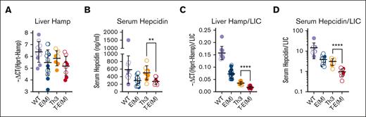 ERFE overexpression further suppresses hepcidin levels in adult thalassemic mice. Mice generated from Th3 × E(M) breedings were analyzed at 16 weeks. Data for males are depicted in closed circles and for females in open circles. Liver hepcidin Hamp mRNA (A) and serum hepcidin protein concentration (B) are shown and also expressed as a ratio to liver nonheme iron concentration (LIC) to determine the appropriateness of hepcidin levels relative to iron status (C,D). P values were assessed by two-tailed unpaired t test (∗∗P < .01; ∗∗∗∗P < .0001) between the Th3 and T-E(M) groups only.