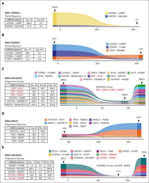 Detection of ctDNA mutations and evolution during zanubrutinib therapy for 5 patients. Represented is the relative abundance for each detected mutation (plotted as hGE/mL plasma, calculated from AF and plasma cfDNA concentration) and variation over time (x-axis: days). Numbers indicated above the plot at the sample time-points are the calculated total ctDNA (hGE/mL plasma). Associated tables present values for all BTK, PLCG2, TNFAIP3, KMT2D, MYD88, NOTCH2 and TP53 mutations. MZ04 not shown as only one time point (D254) was available for analysis. BD = below detection.