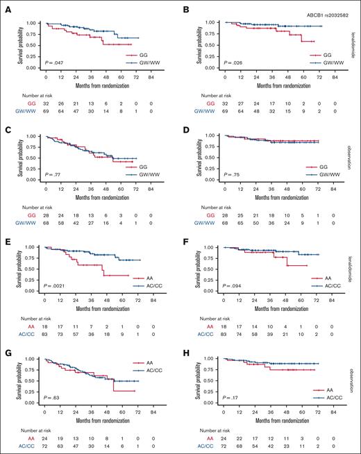 Association between ABCB1 or VEGF-A–grouped genotypes and survival in a randomly assigned population. PFS stratified based on ABCB1 genotypes in the LEN (A) and OBS arms (C); OS stratified based on ABCB1 genotypes in the LEN (B) and OBS arms (D); PFS stratified based on VEGF-A genotypes in the LEN (E) and OBS arms (G); OS stratified based on VEGF-A genotypes in the LEN (F) and OBS arms (H). ABCB1: HoWT = GG, HePOL = GW, HoPOL = WW; VEGF-A: HoWT = AA, HePOL = AC, HoPOL = CC.