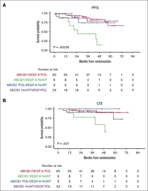 Association between combined ABCB1/VEGF-A genotypes and survival in the LEN population. PFS (A) and OS (B) stratified based on the combination of ABCB1 and VEGF-A genotypes.
