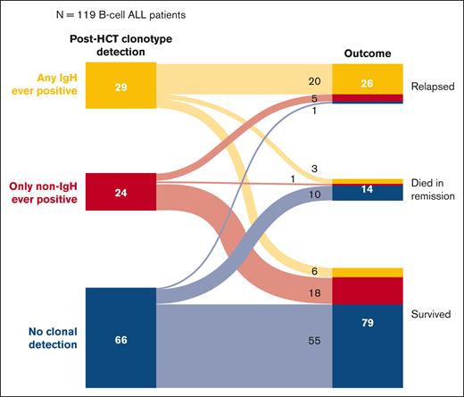 Description of outcomes in patients with B-cell ALL based on the specific MRD clonotype (IgH vs non-IgH) detected at any time point after HCT.